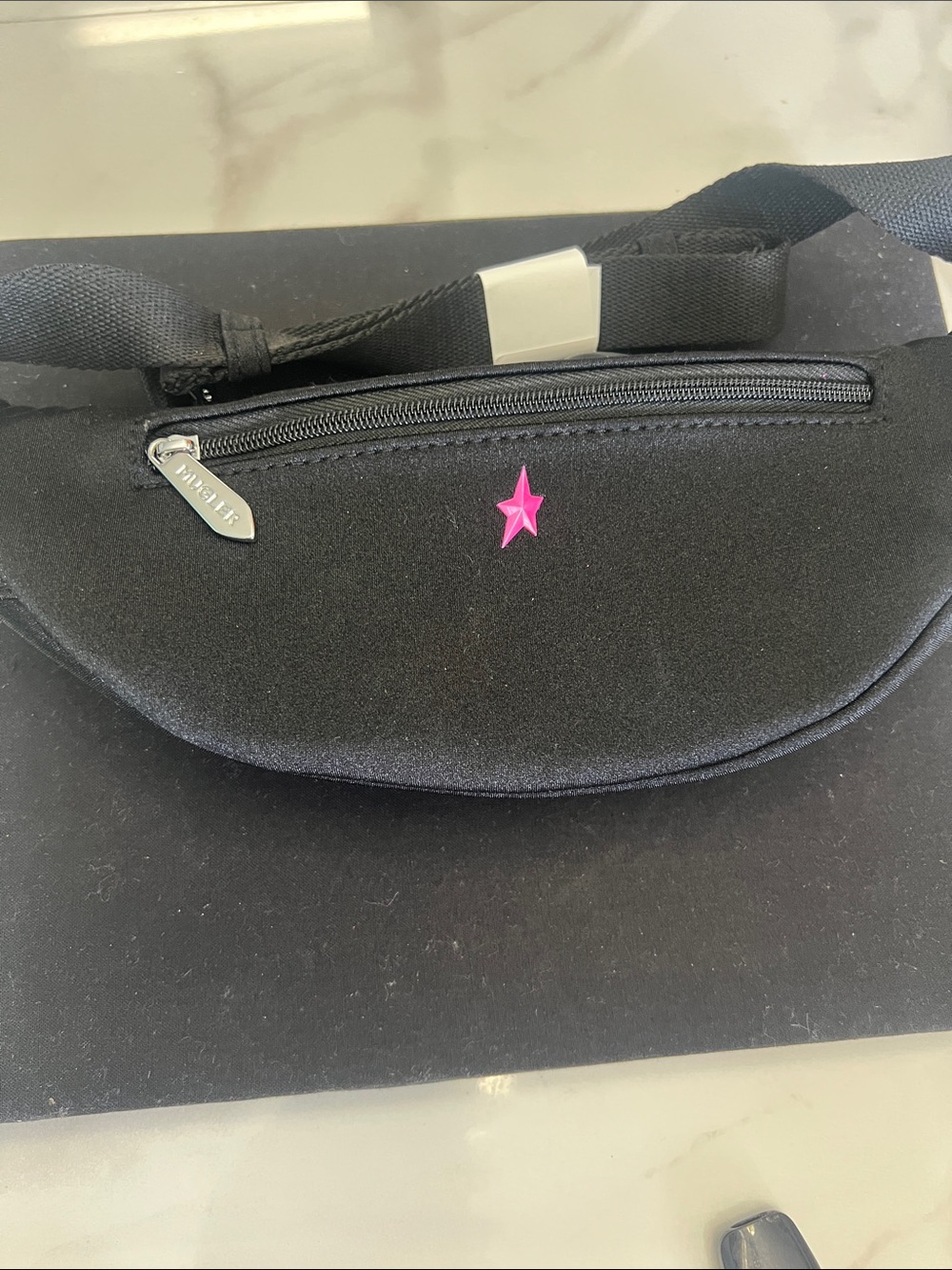Mugler Black Crossbody Belt Bag with Pink Star Accent New! Samples